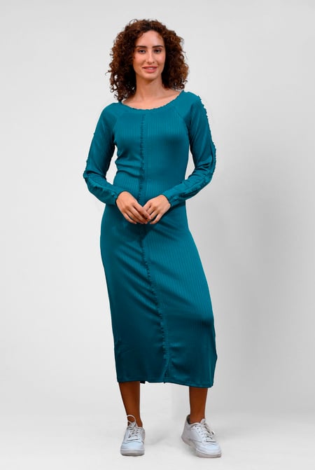 Red Ruffle Seam Midaxi Rib Dress