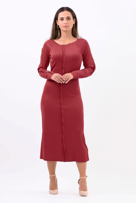 Red Ruffle Seam Midaxi Rib Dress