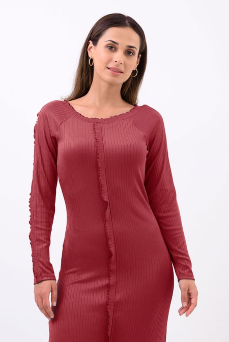 Red Ruffle Seam Midaxi Rib Dress