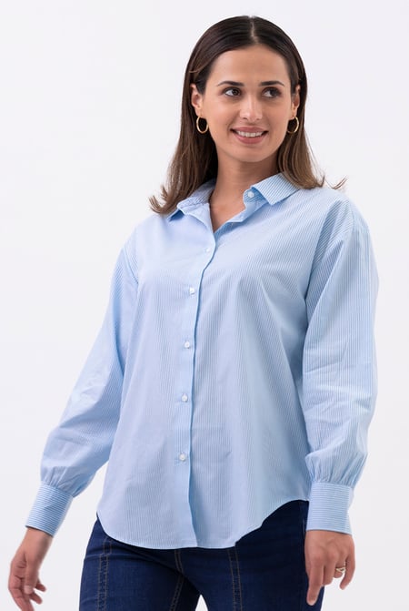 Blue Long Sleeve Stripe Poplin Shirt