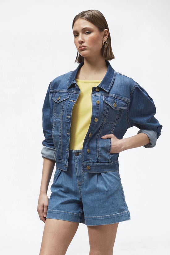 Puff Sleeve Denim Mid Wash Jacket