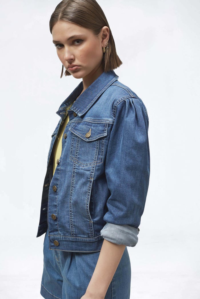 Puff Sleeve Denim Mid Wash Jacket