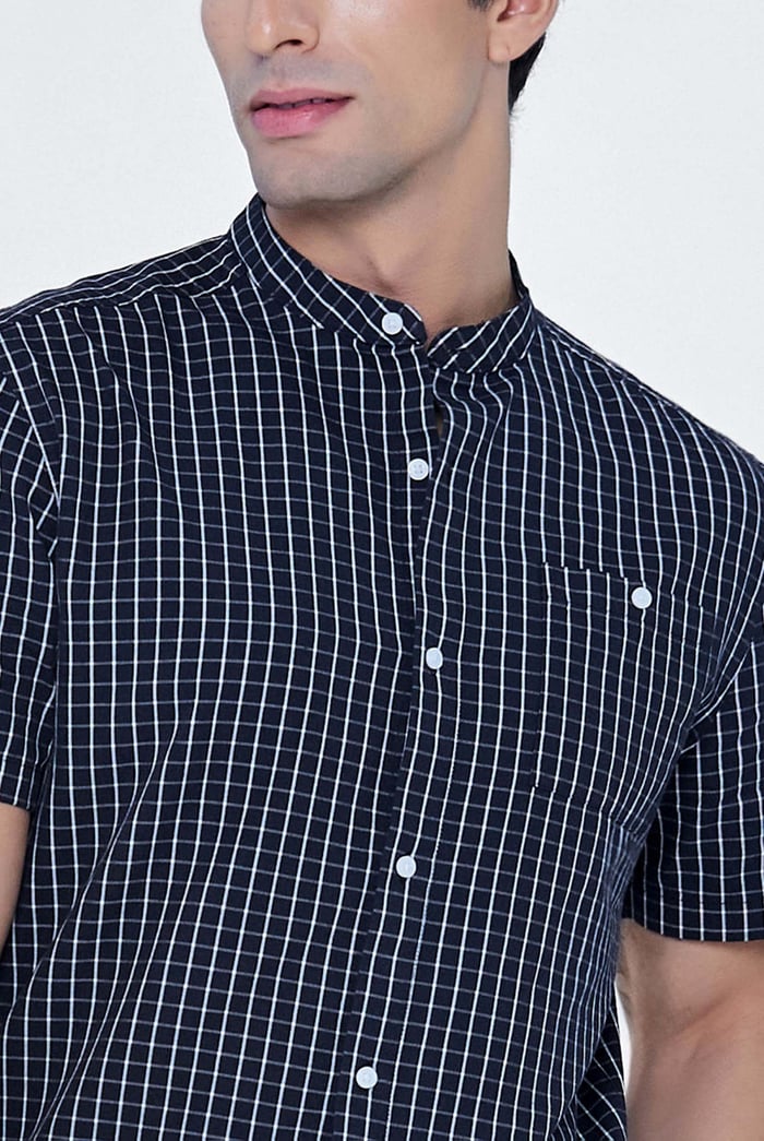 Black Check Grandad Collar Short Sleeve Shirt