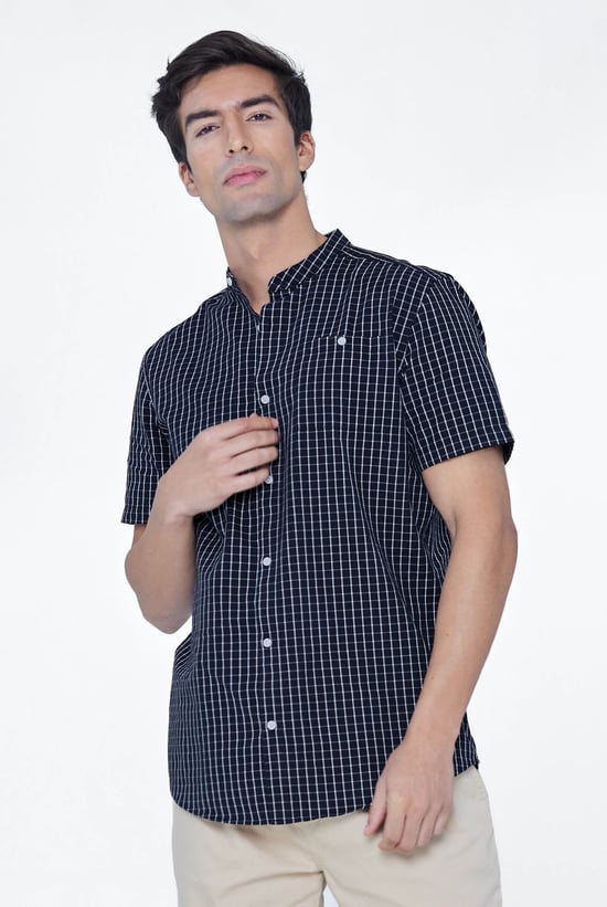 Black Check Grandad Collar Short Sleeve Shirt
