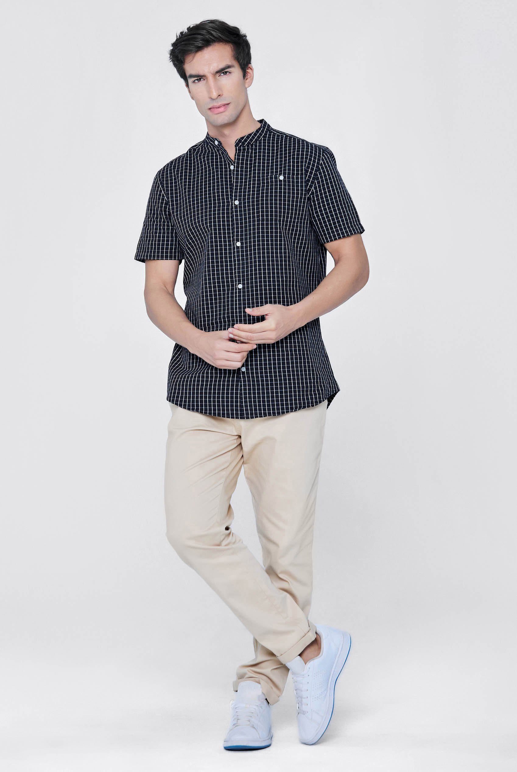 Black Check Grandad Collar Short Sleeve Shirt