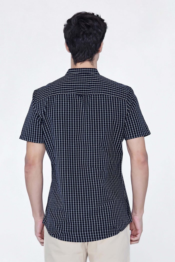 Black Check Grandad Collar Short Sleeve Shirt