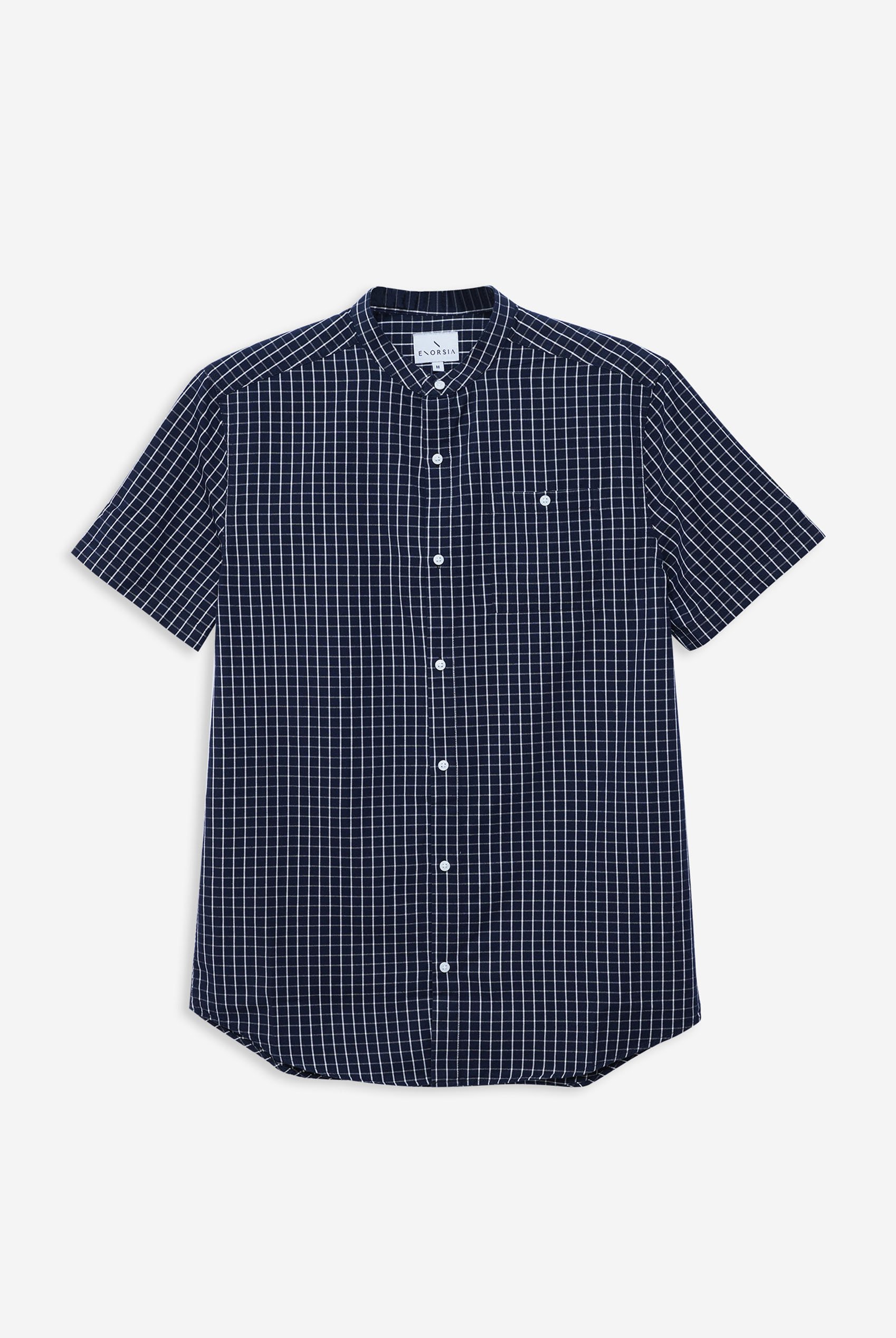 Black Check Grandad Collar Short Sleeve Shirt