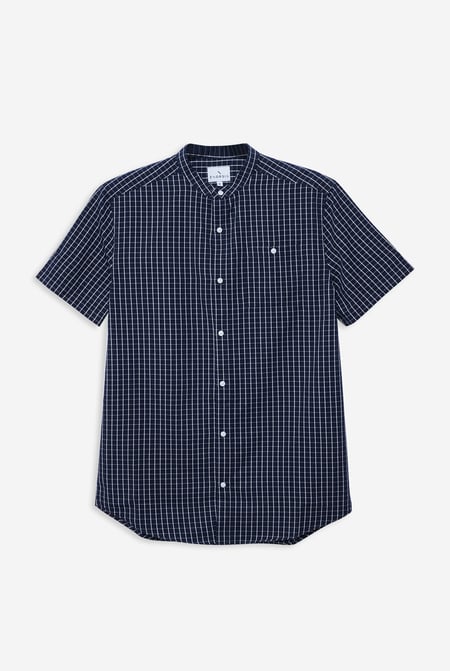 Black Black Check Grandad Collar Short Sleeve Shirt