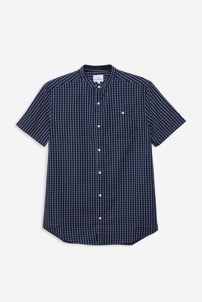Black Check Grandad Collar Short Sleeve Shirt