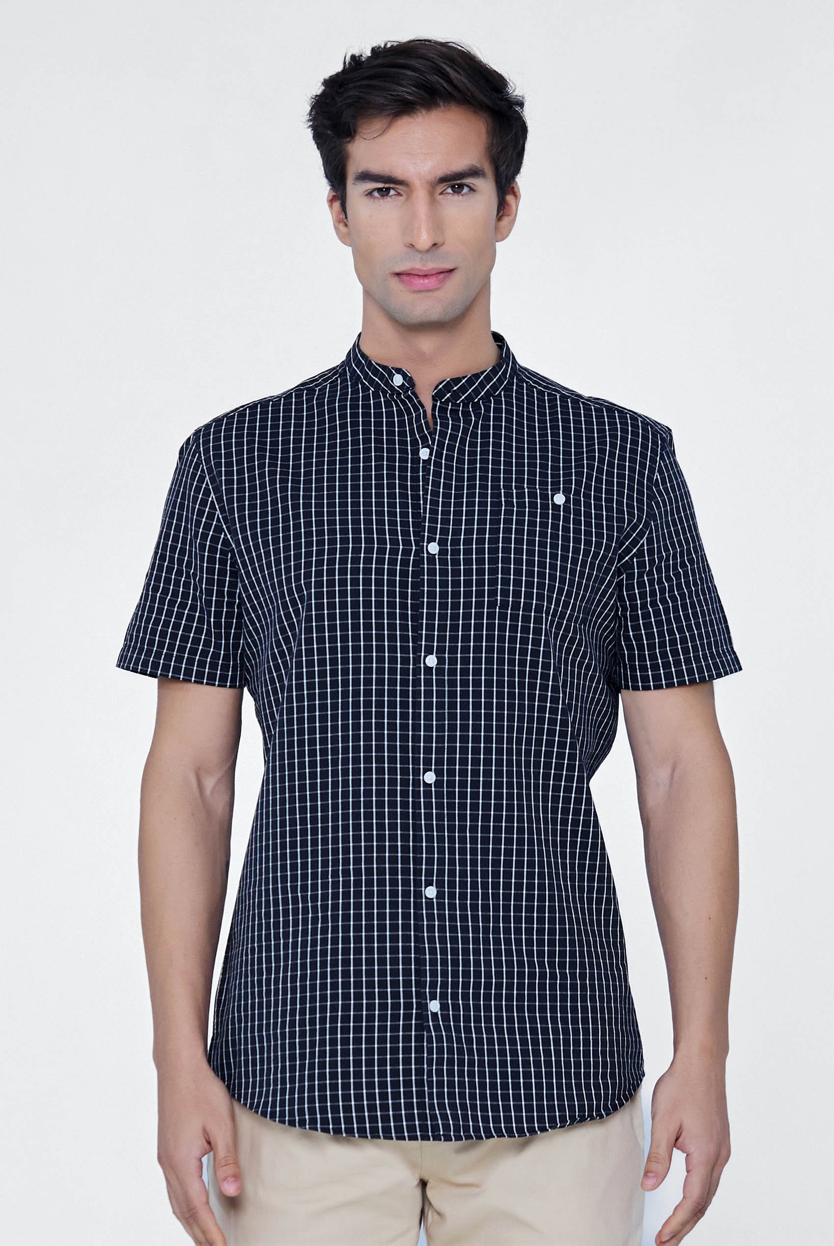 Black Check Grandad Collar Short Sleeve Shirt
