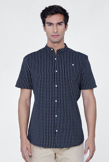 Black Black Check Grandad Collar Short Sleeve Shirt