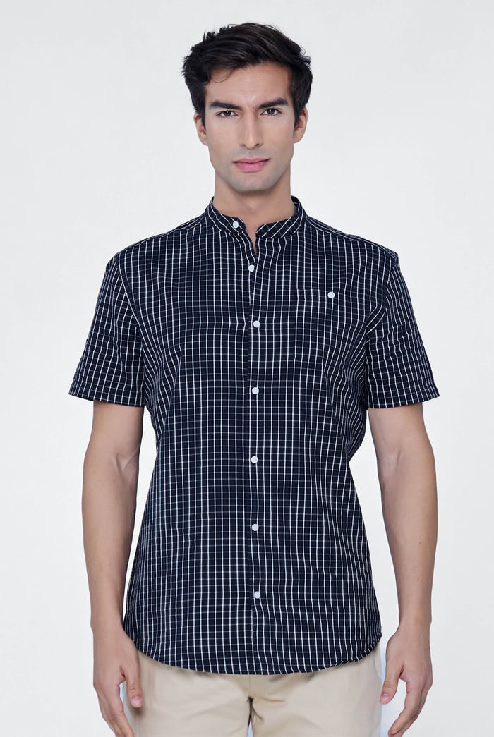 Black Check Grandad Collar Short Sleeve Shirt