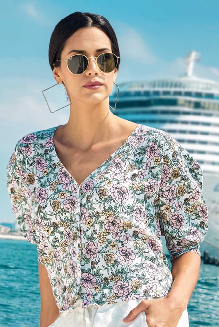 White Printed Flute Sleeve Blouse