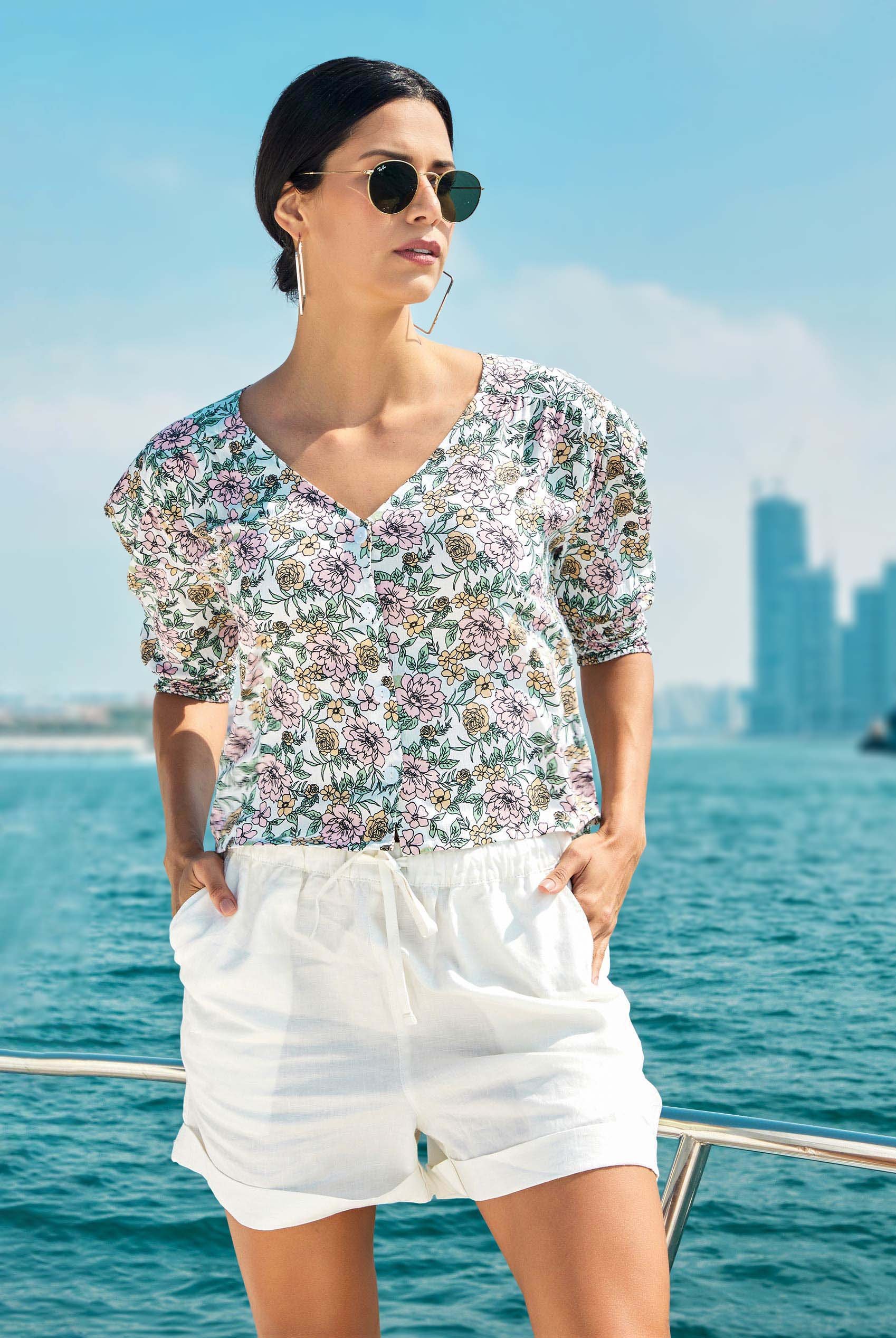 Printed Flute Sleeve Blouse
