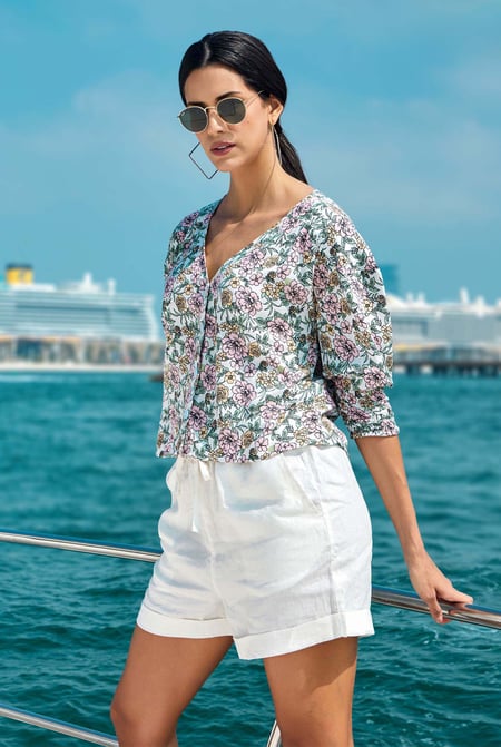 White Printed Flute Sleeve Blouse