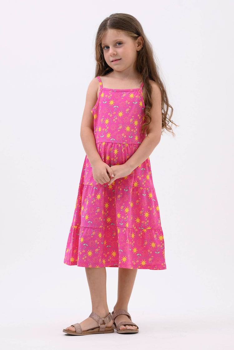 Girls Printed Tiered Strappy Jersey Dress