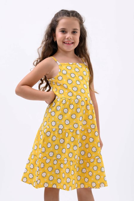 Girls Yellow Printed Tiered Strappy Jersey Dress