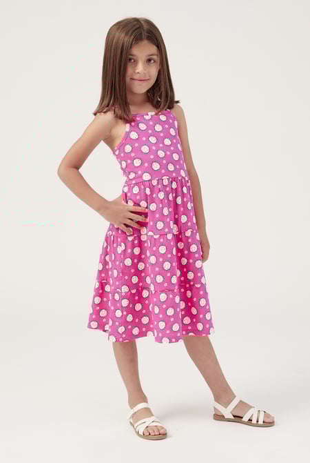 Girls White Printed Tiered Strappy Jersey Dress