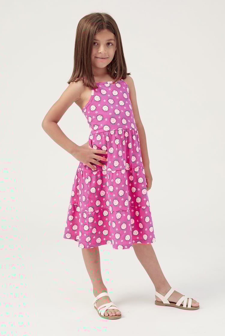 Girls Printed Tiered Strappy Jersey Dress