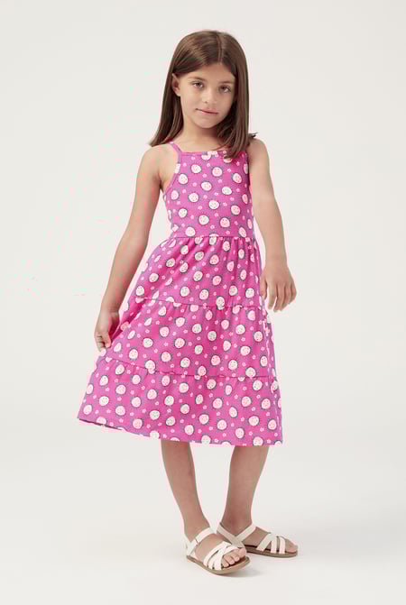 Girls Pink Printed Tiered Strappy Jersey Dress