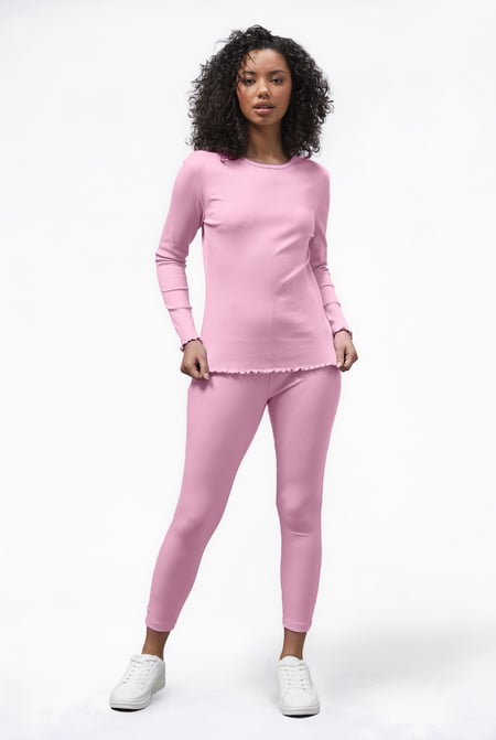 White LS Picoting Ribbed T-Shirt & Leggings Set