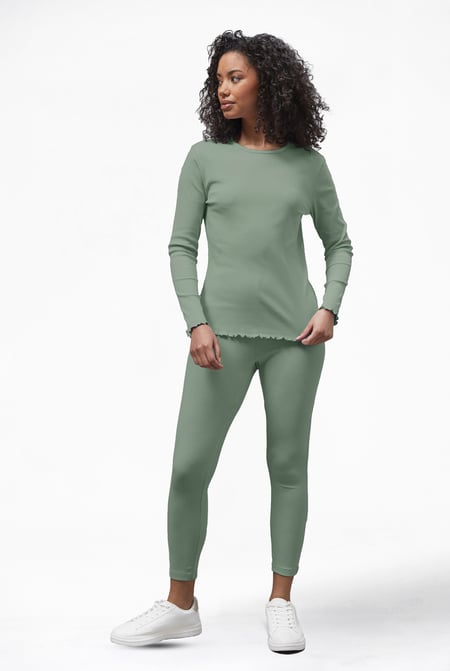 White LS Picoting Ribbed T-Shirt & Leggings Set