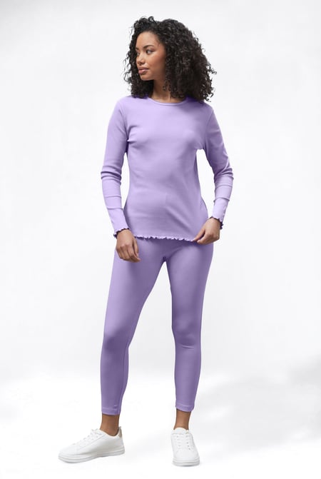 White LS Picoting Ribbed T-Shirt & Leggings Set