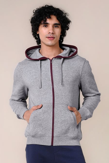 Grey Contrast Piping Detail Zip Front Hoodie