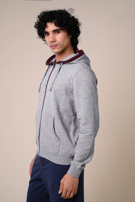 Grey Contrast Piping Detail Zip Front Hoodie