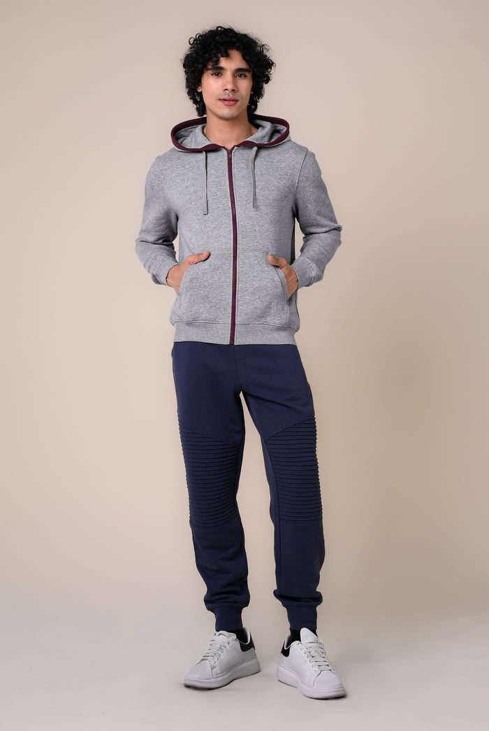 Contrast Piping Detail Zip Front Hoodie
