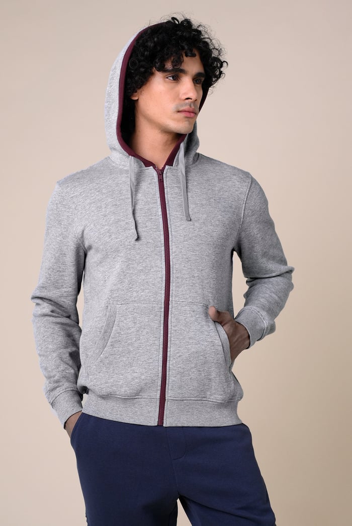 Contrast Piping Detail Zip Front Hoodie