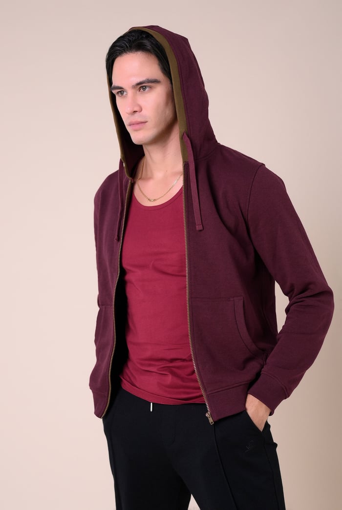 Contrast Piping Detail Zip Front Hoodie