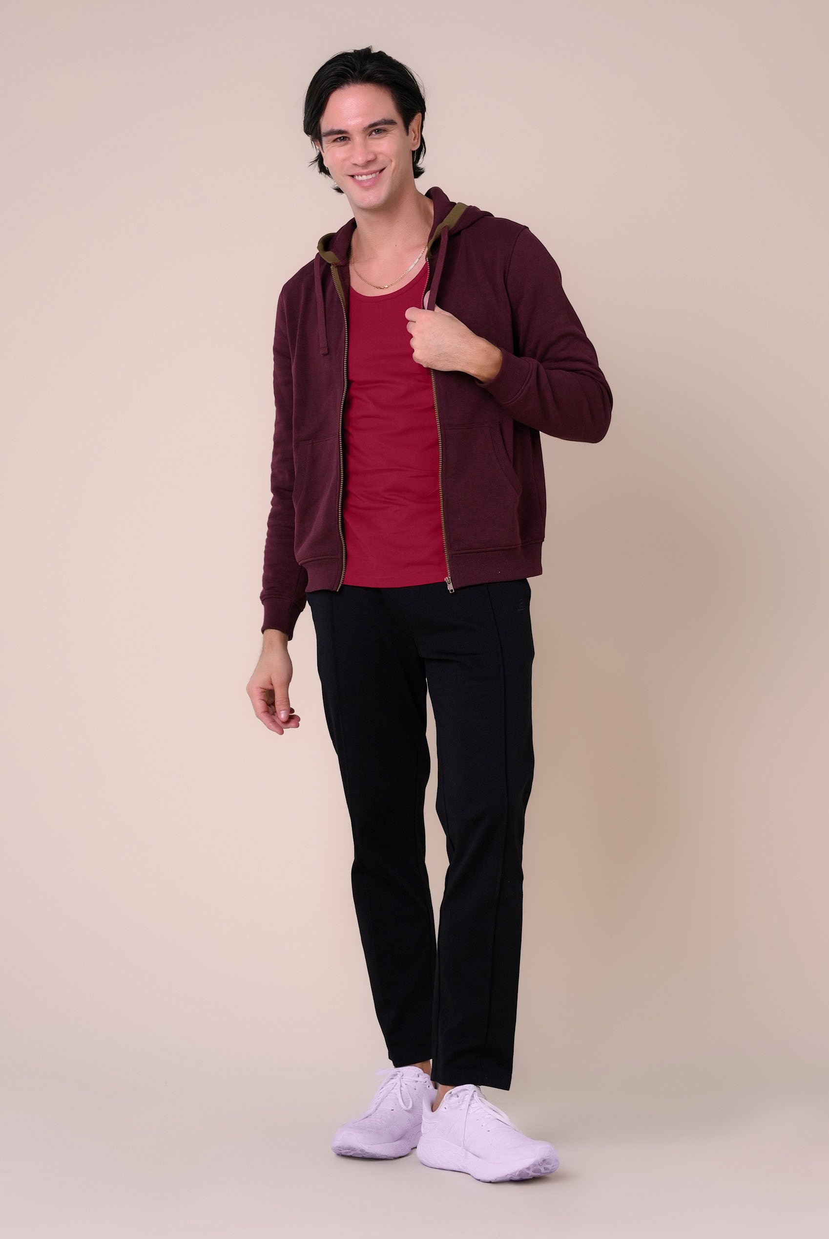 Contrast Piping Detail Zip Front Hoodie