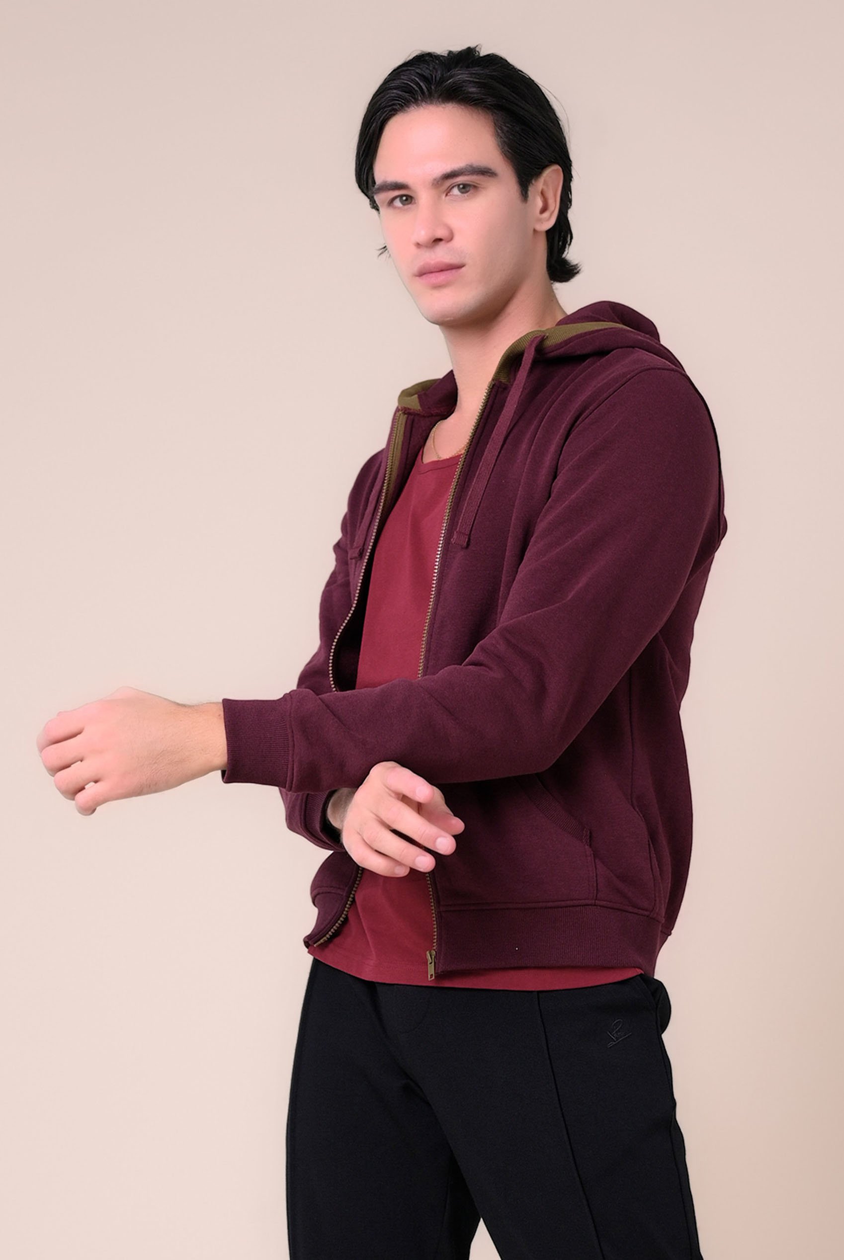 Contrast Piping Detail Zip Front Hoodie
