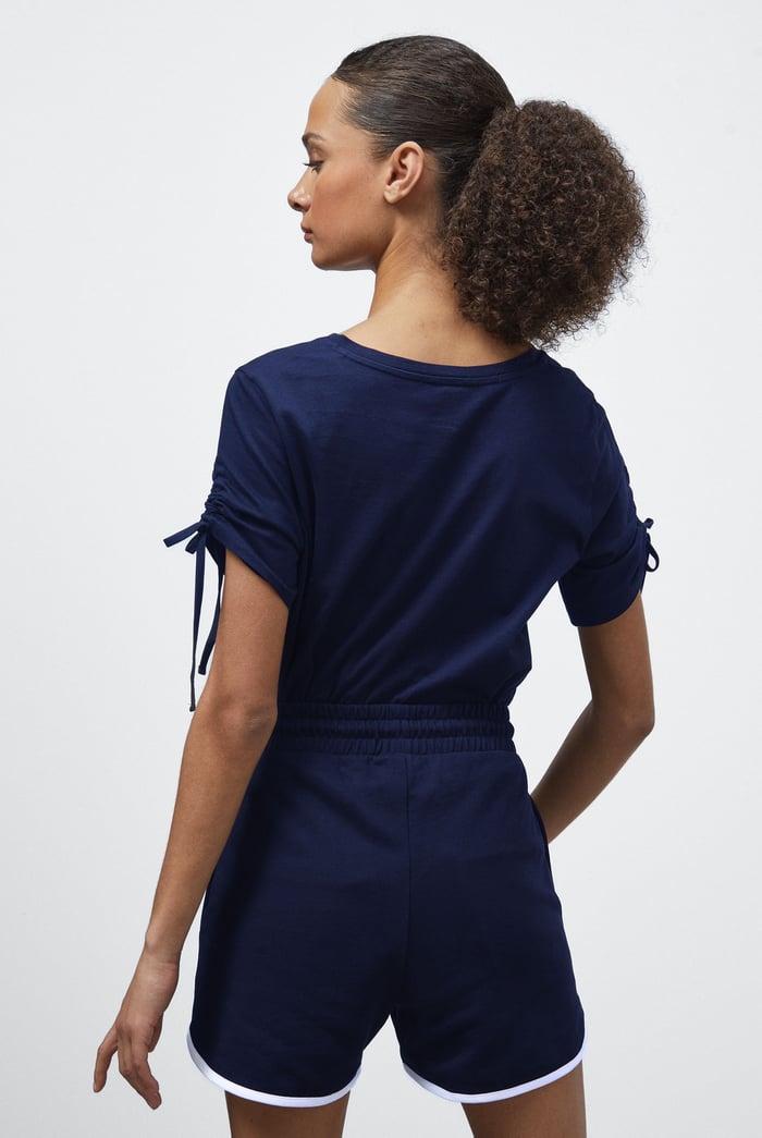 Ruched Sleeves Chest Printed T-Shirt