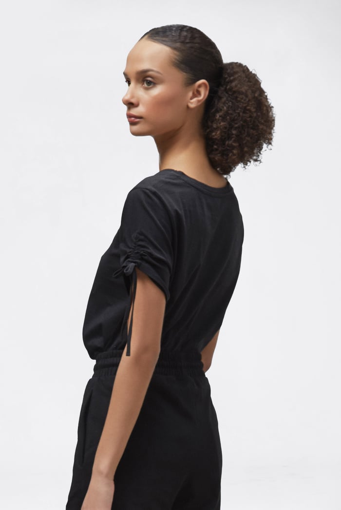 Ruched Sleeves Chest Printed T-Shirt