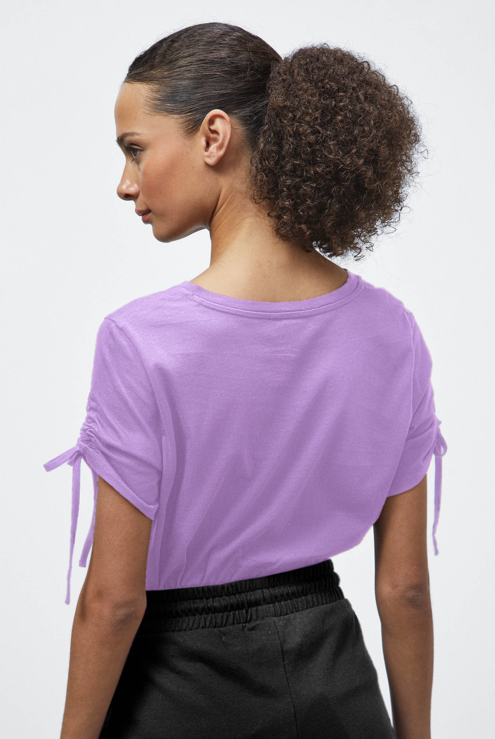 Ruched Sleeves Chest Printed T-Shirt