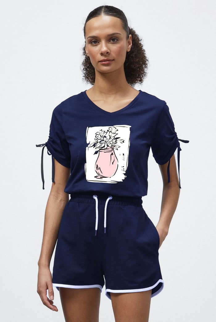 Ruched Sleeves Chest Printed T-Shirt