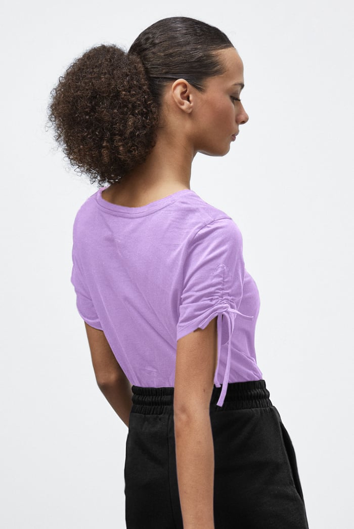 Ruched Sleeves Chest Printed T-Shirt