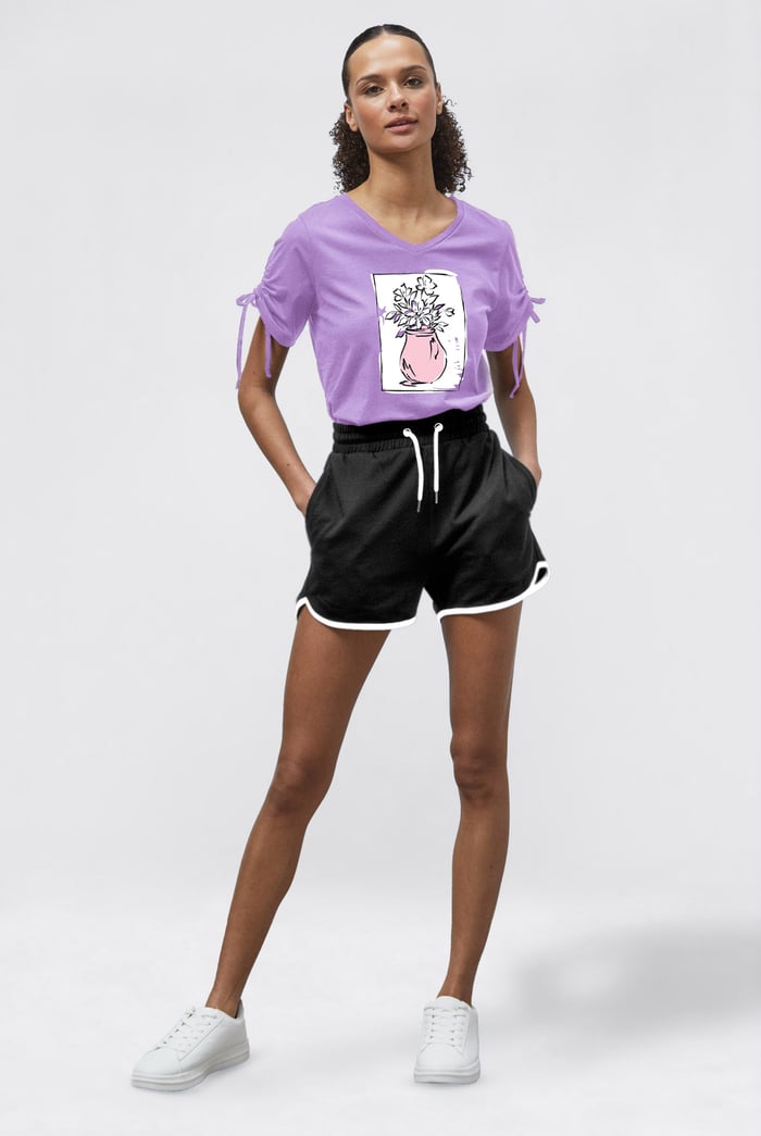 Ruched Sleeves Chest Printed T-Shirt