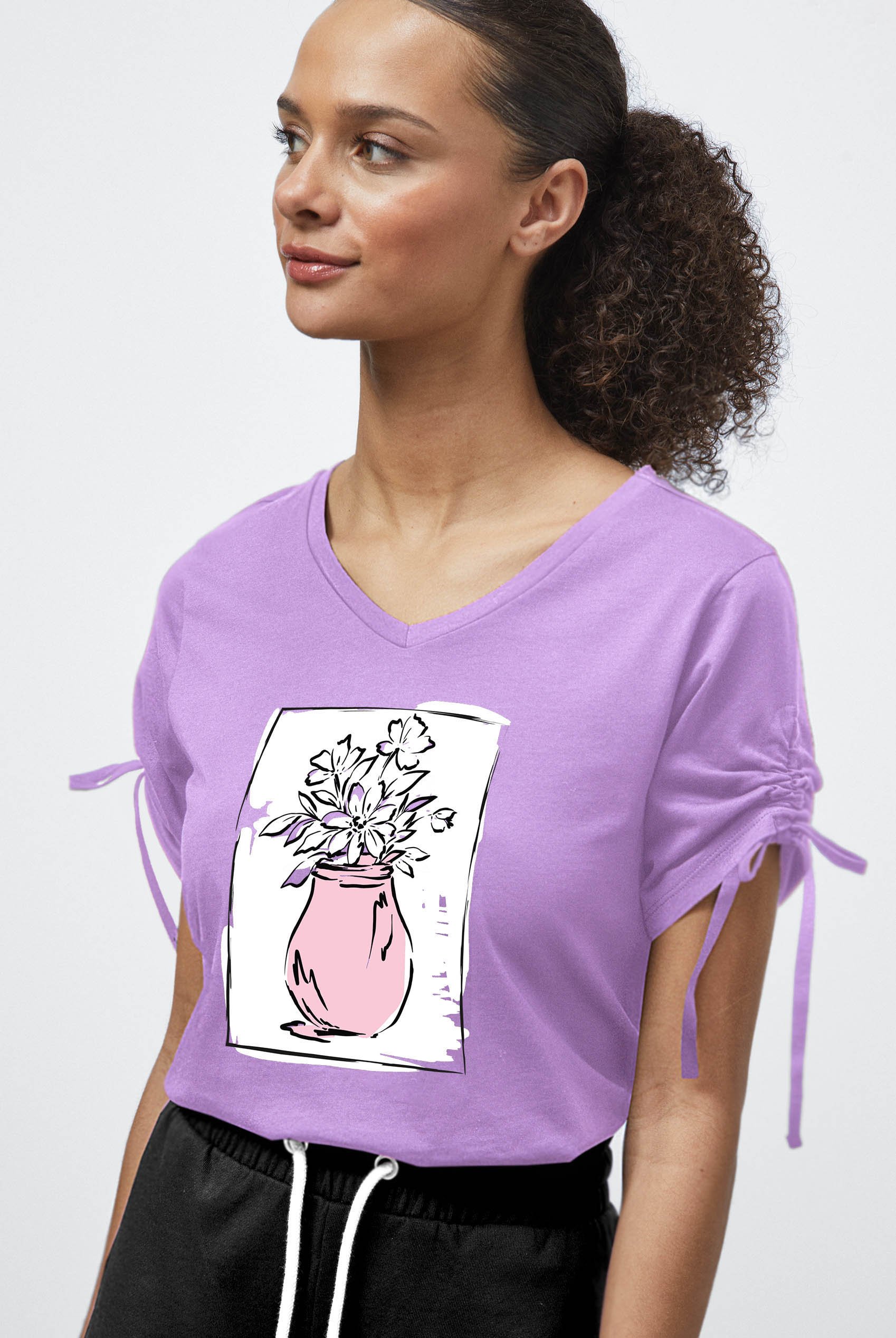 Ruched Sleeves Chest Printed T-Shirt