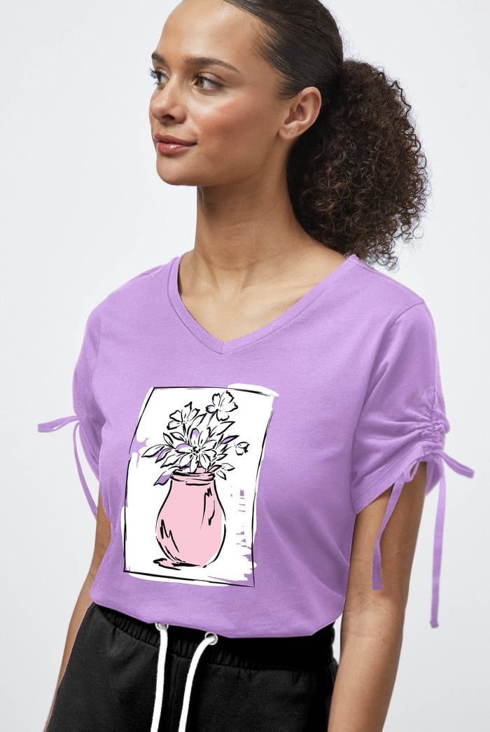 Ruched Sleeves Chest Printed T-Shirt