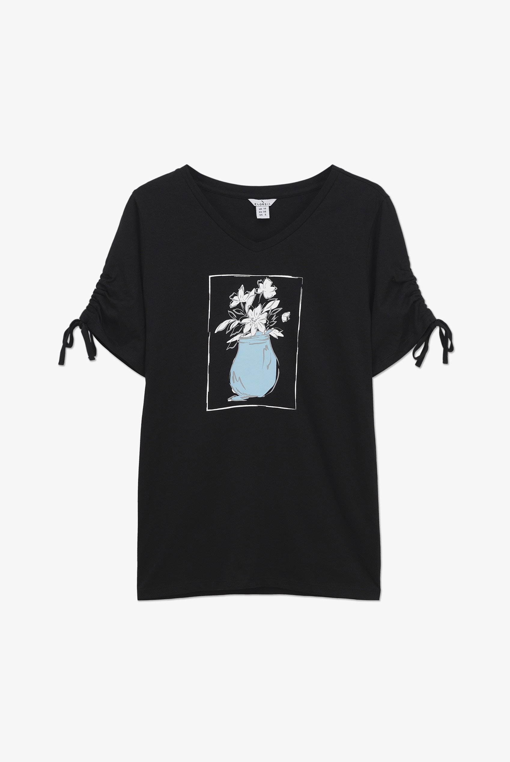 Ruched Sleeves Chest Printed T-Shirt