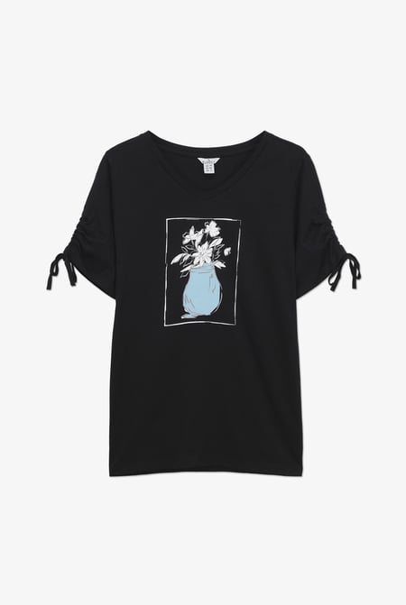 Black Ruched Sleeves Chest Printed T-Shirt