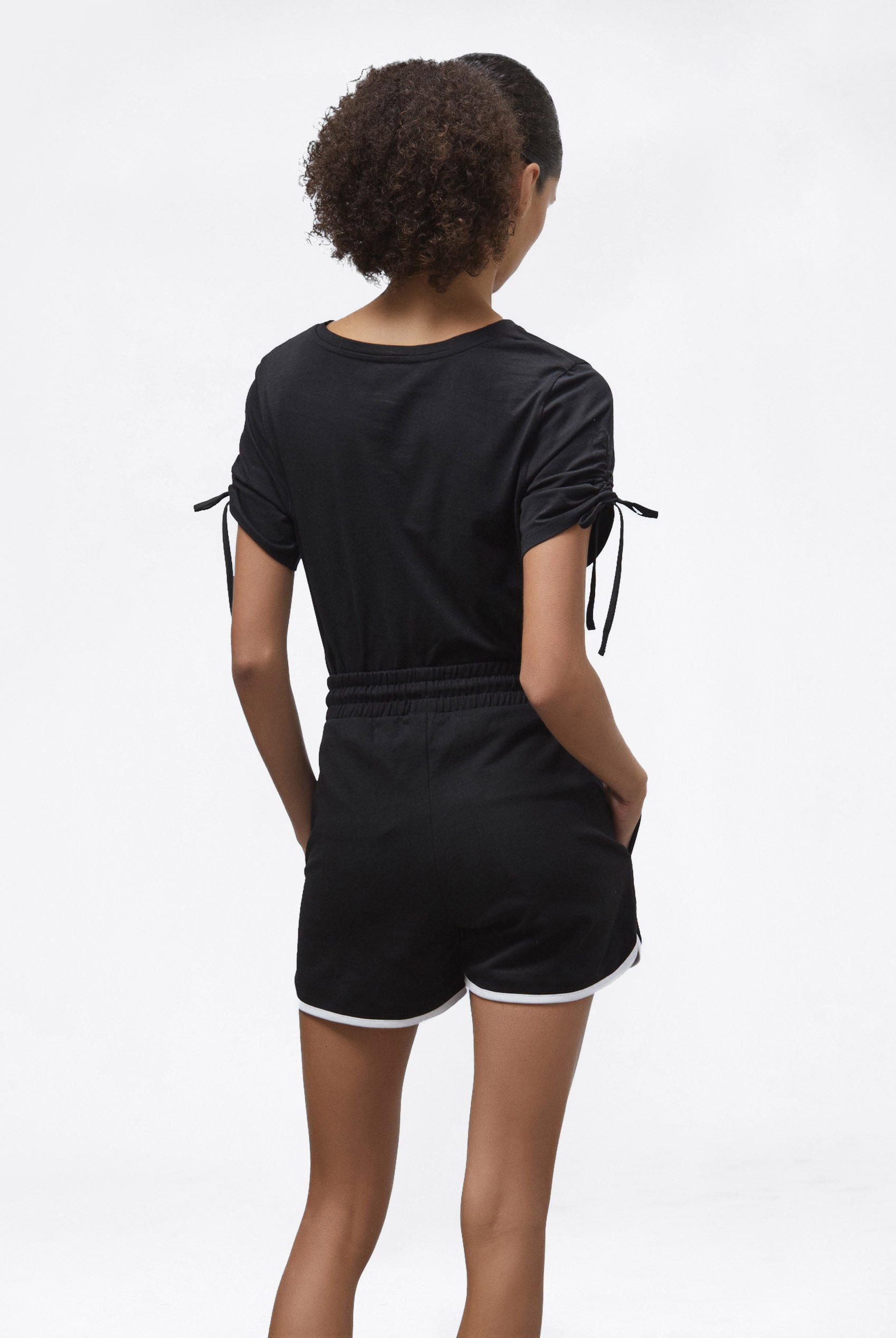Ruched Sleeves Chest Printed T-Shirt