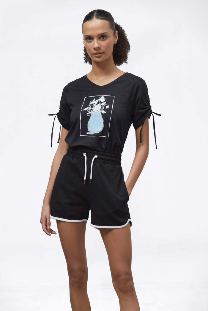 Ruched Sleeves Chest Printed T-Shirt