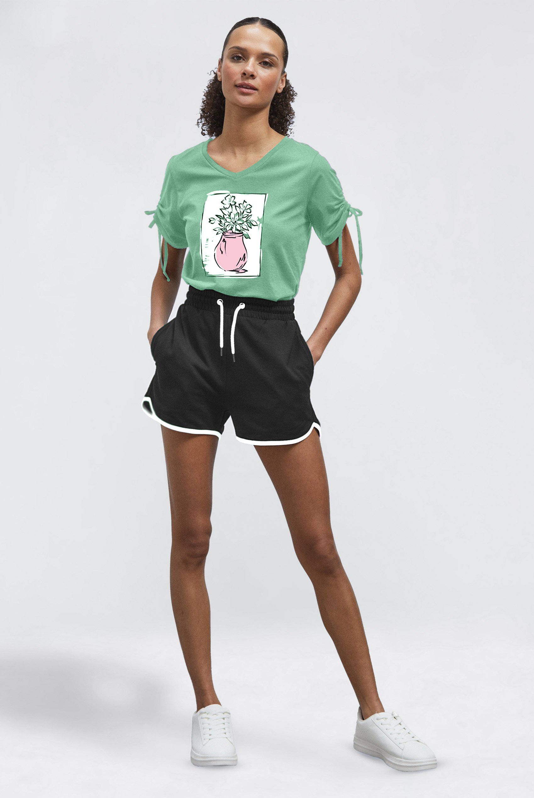 Ruched Sleeves Chest Printed T-Shirt