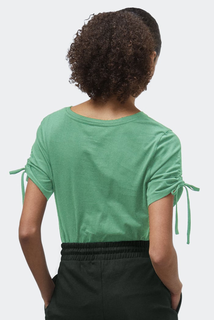 Ruched Sleeves Chest Printed T-Shirt