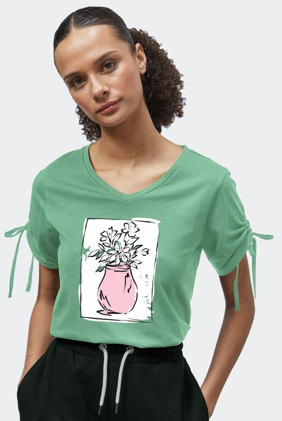 Ruched Sleeves Chest Printed T-Shirt