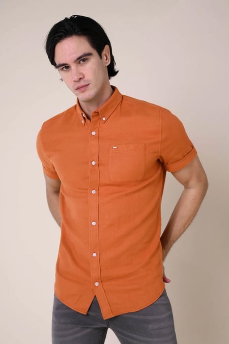 Mens Cotton Linen Roll-Up Sleeve Shirt